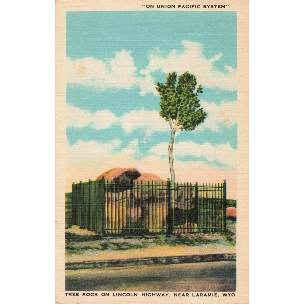 Vintage Tree Rock Lincoln Highway Laramie Wyoming Linen Postcard Union Pacific - Picture 1 of 2